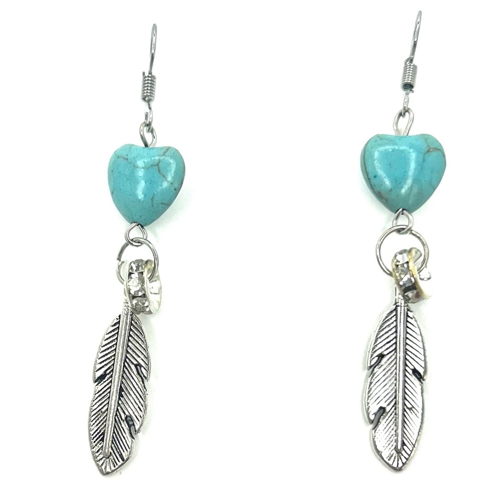 Silver Feather Turquoise Crystal Rhinestone Drop Dangle Earrings 925 boho